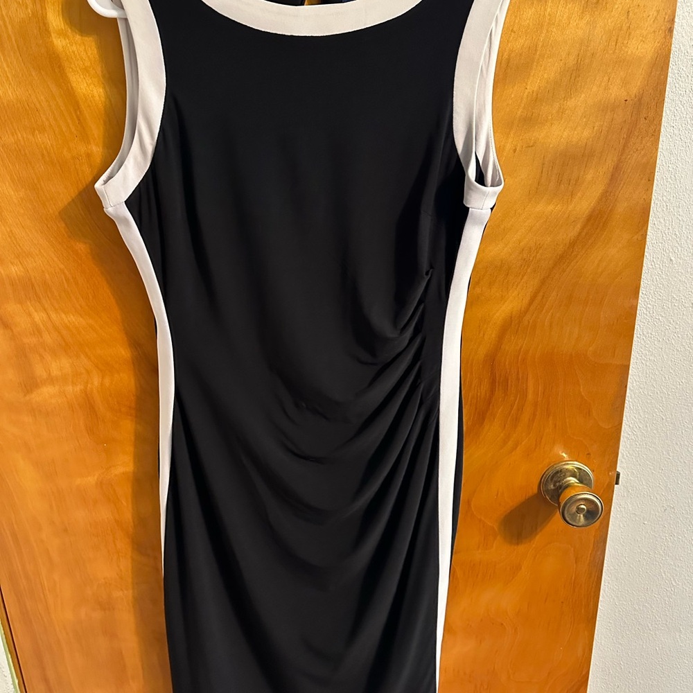 Chaps Black and White Sheath Midi Dress for Cocktail